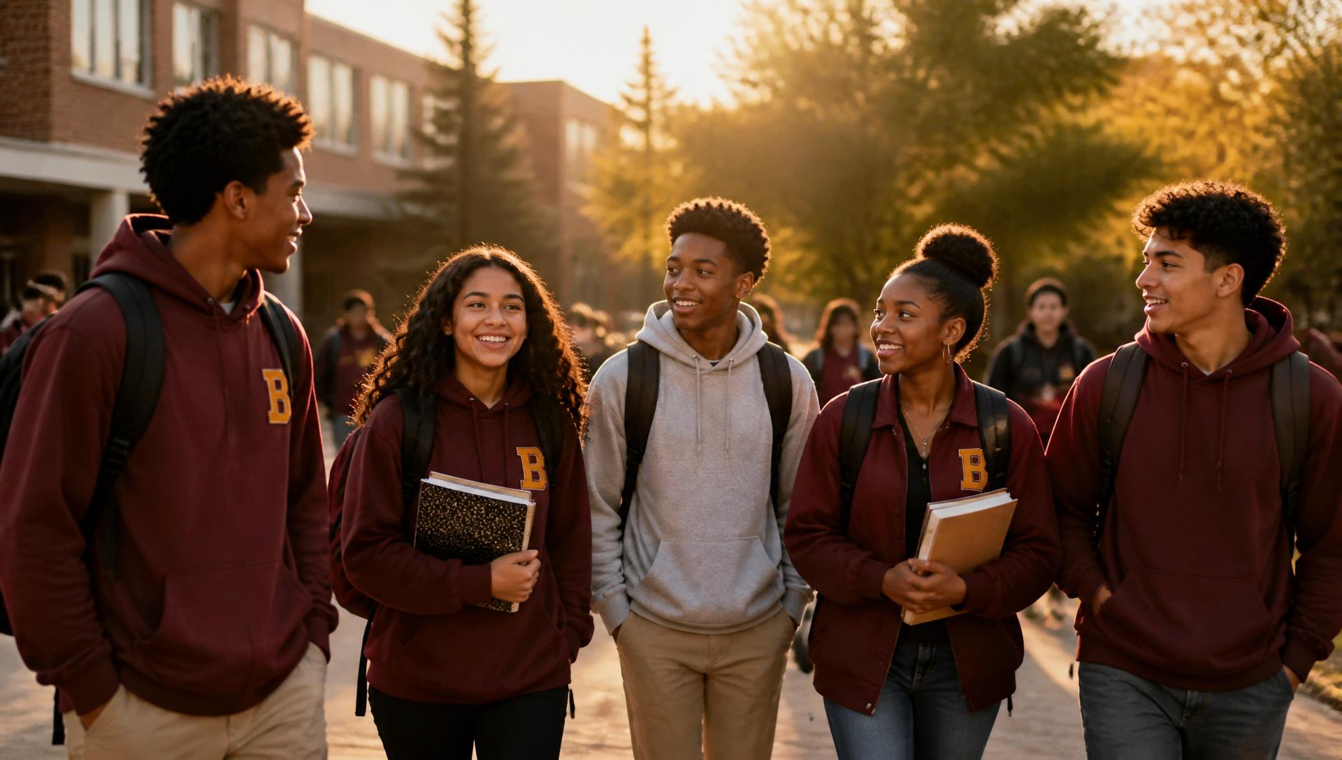 Brockton students walking together at golden hour